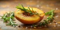 Aromatic peach half with fresh rosemary sprig and crystallized sugar on rustic wood surface. Generative AI Royalty Free Stock Photo