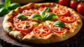 Aromatic pizza with fresh tomatoes and basil, a culinary delight on rustic wood. Generative AI Royalty Free Stock Photo