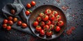 Aromatic red tomatoes on the vine, arranged with assorted spices and a gray linen cloth on a dark surface. Generative AI Royalty Free Stock Photo