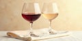 Aromatic red and white wine in elegant stemware on a linen cloth. Generative AI Royalty Free Stock Photo