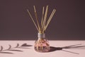 Aromatic reed air freshener on pink background hard shadow. Aromatherapy sticks. Air refresher bottle