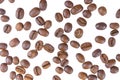 Aromatic roasted arabica coffee beans close up, macro isolated on white background. Royalty Free Stock Photo