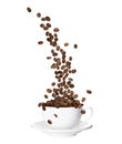 Aromatic roasted coffee beans falling into cup on white background Royalty Free Stock Photo