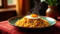 Aromatic saffron rice dish topped with a perfectly fried egg, steaming on a rustic plate. Generative AI Royalty Free Stock Photo