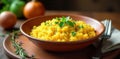 Aromatic saffron risotto dish garnished with fresh herbs served in rustic bowl. Generative AI Royalty Free Stock Photo