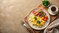 Aromatic scrambled eggs breakfast with smoked meat, cherry tomatoes, and broccoli florets served on a rustic plate. Generative AI Royalty Free Stock Photo