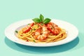 Aromatic shrimp scampi pasta dish on white plate with fresh basil garnish. Generative AI Royalty Free Stock Photo