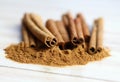 Cinnamon powder and sticks. Royalty Free Stock Photo