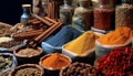 Aromatic spice collection in a row, selling at spice store generated by AI Royalty Free Stock Photo
