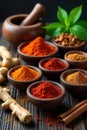 Aromatic spice collection vibrant powders and fresh ginger roots in rustic bowls. Generative AI Royalty Free Stock Photo