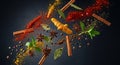 Aromatic Spice Explosion: Culinary Ingredients on Dark Background Royalty Free Stock Photo
