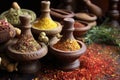 aromatic spices arranged in a traditional mortar and pestle Royalty Free Stock Photo