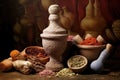 aromatic spices arranged in a traditional mortar and pestle Royalty Free Stock Photo