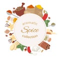 Aromatic spices collection, cartoon herbs and spices banner card circle frame with aroma and flavor ingredient of food