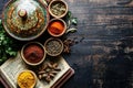 Aromatic Spices on a Dark Wooden Table with an Old Book Royalty Free Stock Photo