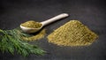 Aromatic spices dill. Spoon and pile of ground dried and fresh dill spice. Recipe ingredients Royalty Free Stock Photo
