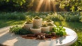 Sunlight Illuminates Aromatic Herbs and Spices on Garden Table Royalty Free Stock Photo