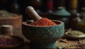 Aromatic spices ground fresh in wooden mortar generated by AI