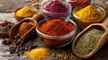 Aromatic Spices and Herbs Displayed in Bowls and Wooden Spoons on Table Royalty Free Stock Photo