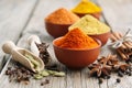 Aromatic spices - red chili pepper, turmeric, cardamom, cinnamon, cloves, anise, paprika. Ingredients for cooking. Royalty Free Stock Photo