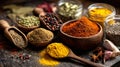 Aromatic Spices in Rustic Bowls: Culinary Ingredients Still Life Image Royalty Free Stock Photo