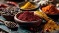 Aromatic Spices Still Life Displayed in Wooden Bowls on Rustic Surface Royalty Free Stock Photo