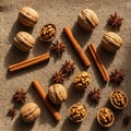 Aromatic Spices and Walnuts Arrangement on Burlap Royalty Free Stock Photo