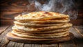 Aromatic stack of freshly baked flatbreads on rustic wood. Generative AI Royalty Free Stock Photo
