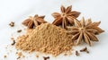 Aromatic star anise and ground spice on a white surface, warm lighting, shallow depth of field Royalty Free Stock Photo