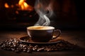 Aromatic start Morning coffee cup with beans and aroma smoke