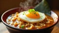 Aromatic steaming noodle soup with a perfectly fried sunny-side up egg and fresh herbs in a rustic bowl. Generative AI Royalty Free Stock Photo