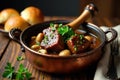 Aromatic stew of tender beef cubes, mushrooms, and pearl onions in a rustic copper pot with soft bread rolls. Generative AI Royalty Free Stock Photo
