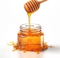 Aromatic sweet golden honey flowing from wooden dipper to glass jar, isolated over white background. Created with generative Ai Royalty Free Stock Photo