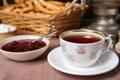 Aromatic tea and cherry jam on table, closeup. Space for text Royalty Free Stock Photo