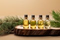 Aromatic trio Small bottles hold pine, spruce, and cedar essential oils