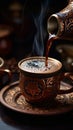 Aromatic Turkish coffee pouring from cezve into a decorated cup Royalty Free Stock Photo