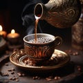 Aromatic Turkish coffee pouring from cezve into a decorated cup Royalty Free Stock Photo