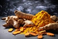 Aromatic turmeric powder and raw roots cook. Generate Ai Royalty Free Stock Photo