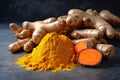 Aromatic turmeric powder and raw roots cutted. Generate Ai Royalty Free Stock Photo