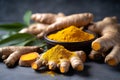 Aromatic turmeric powder and raw roots detox. Generate Ai Royalty Free Stock Photo