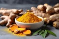 Aromatic turmeric powder and raw roots on kitchen table. Generate Ai Royalty Free Stock Photo