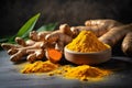 Aromatic turmeric powder and raw roots. Generate Ai
