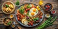 Aromatic and vibrant breakfast platter featuring fried eggs, toasted bread, and an array of fresh fruits and vegetables. Royalty Free Stock Photo
