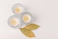 Aromatic white candle made from wax, decorate by green leaves on the white background Royalty Free Stock Photo