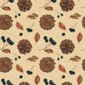 Aronia and Pine Cones for Christmas beige seamless pattern