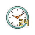 Around the clock service RGB color icon. 24 7 hour customer support. Circle watch dial badge. Twenty four seven hours Royalty Free Stock Photo