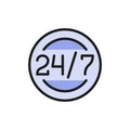 Around clock and daily work schedule, 24 hours service flat color icon.