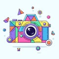 Around are various geometric shapes, echoing the camera s vibrant Royalty Free Stock Photo