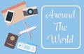 Around the world Banner with travel object on blue