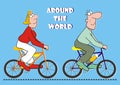 Around the world on the bicycle, funny postcard, vector illustration